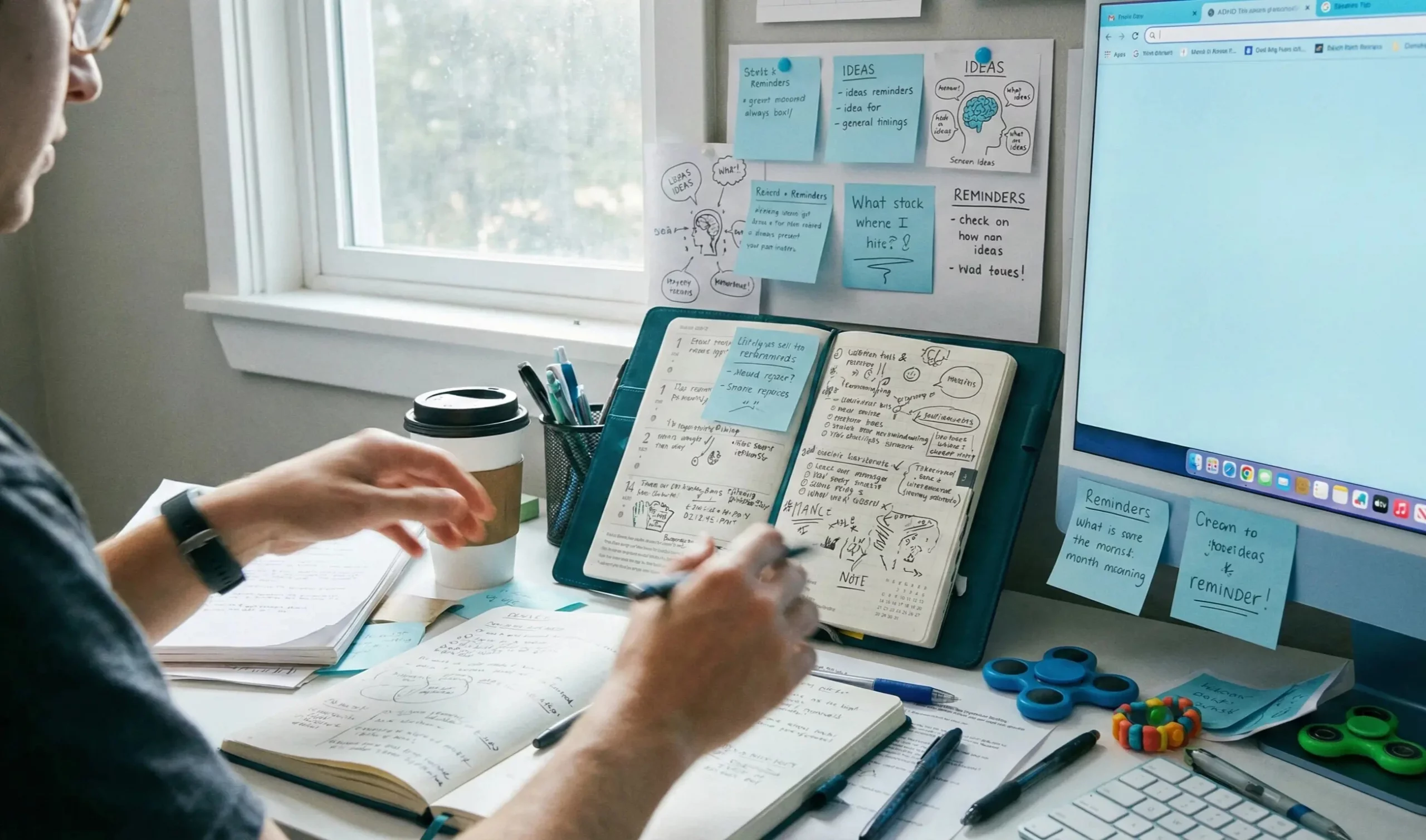 Person studying at a messy desk with many sticky notes and fidget spinners, representing ADHD organizational challenges and coping strategies.