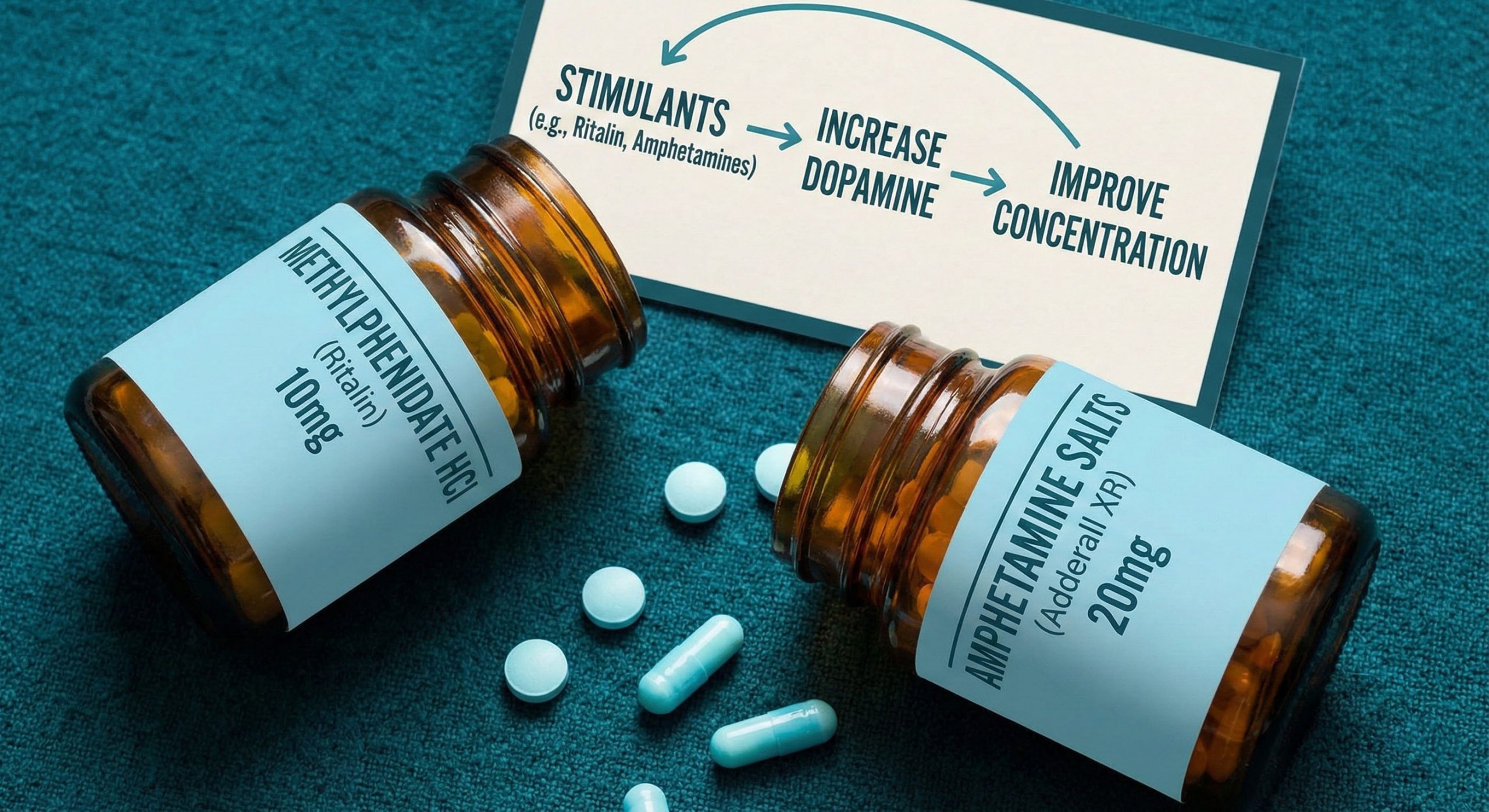 Bottles of Methylphenidate and Amphetamine Salts medications, explaining stimulant treatments for ADHD.