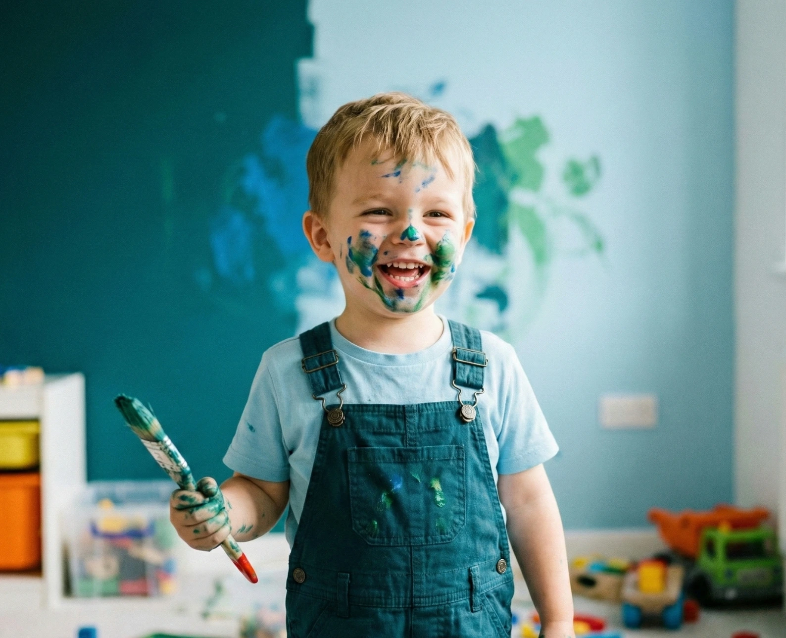 Smiling toddler with paint on face holding a brush, representing normal childhood energy vs ADHD symptoms