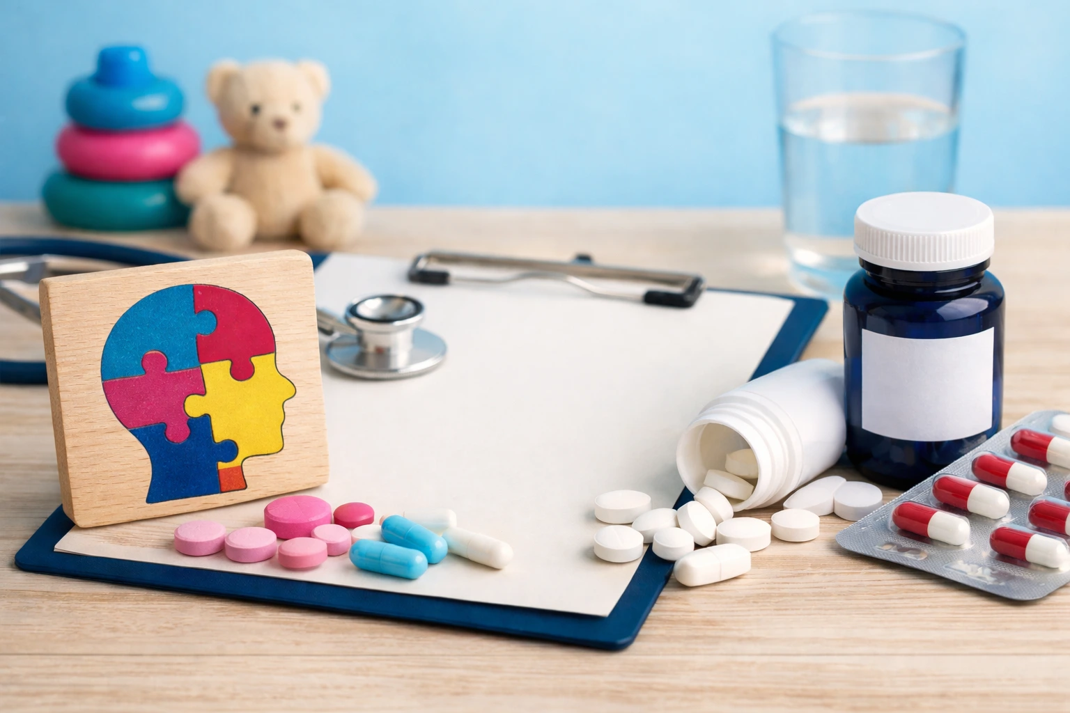"A realistic photograph of autism treatment items including pills, pill bottles, a wooden puzzle block with autism awareness colors, a stethoscope, and a teddy bear on a light wooden surface."